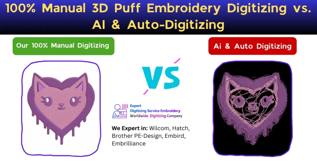 100% Manual 3D Puff Embroidery Digitizing vs. AI & Auto-Digitizing